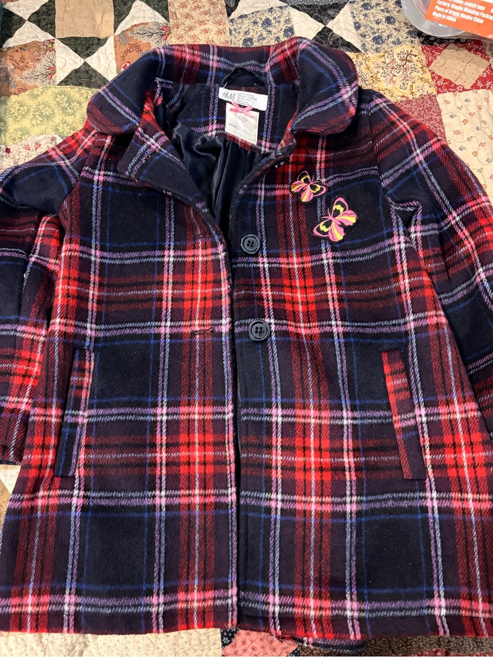 H&M Navy, Red & Purple Plaid Girls' Pea Coat with Butterfly Patches